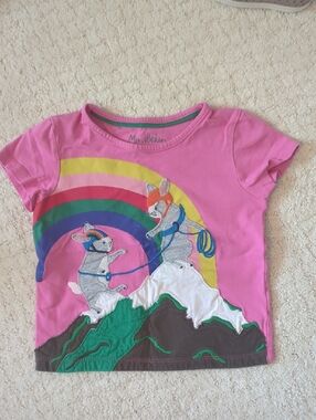 Mini Boden Pink Tee with Rainbow and Bunny Appliqués